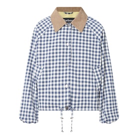 Barbour Ovingham Gingham Print Jacket in Navy/Neutral with corduroy collar, drawcord hem, and snap front fastening