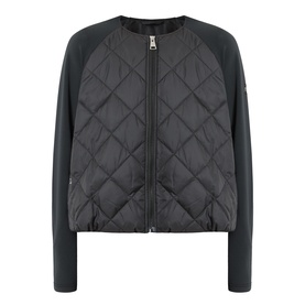 Barbour International Seren Quilted Bomber Jacket in black, collarless with diamond-quilted front, jersey sleeves, and front zip fastening.