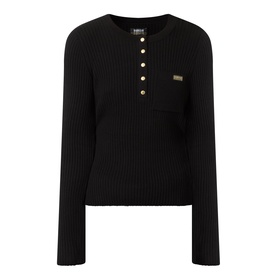 Barbour International Kyla Logo Rib-Knit Sweater in black with half-placket gold buttons, chest patch pocket, logo badge, and long sleeves.