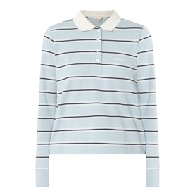 Barbour Ashwell Logo Striped Polo Shirt in Celestial Blue Stripe, long sleeves, ribbed cuffs, cream flat-knit collar, four-button placket