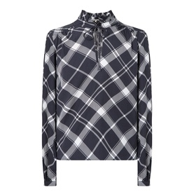 Barbour Bailton Tartan Blouse in Dark Navy/White Check with ruffle collar, tie fastening, long sleeves and buttoned cuffs