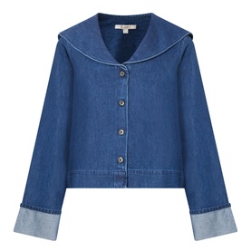 Barbour Dartmoor Denim Shirt in Mid Wash Indigo with shawl collar, button front, and turned-up contrast cuffs