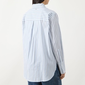 Model wearing Barbour Fawley Striped Shirt in Celestial Blue Folkstone Stripe, rear view showing knife pleat, long sleeves and extended cuffs