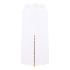 Barbour International Kyla Denim Skirt in Denim White, midi length with front zip split, five-pocket styling and contrast stitching