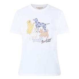 Barbour Fawley Dogs Logo T-Shirt in white with crew neck, short sleeves, and multicolour dog graphic print with logo lettering