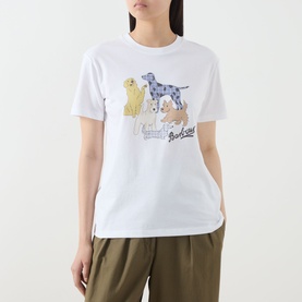Model wearing Barbour Fawley Dogs Logo T-Shirt in white with crew neck and dog graphic print, styled with khaki trousers.