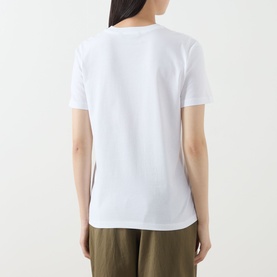 Model wearing Barbour Fawley Dogs Logo T-Shirt in white, rear view, crew neck, short sleeves, straight hem, paired with khaki trousers.