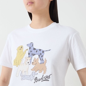 Model wearing Barbour Fawley Dogs Logo T-Shirt in white, featuring multicoloured tartan dog graphic print and Barbour logo lettering at front.