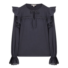 Barbour Carleen Ruffled Blouse in Dark Navy with ruffle shoulders, self-tie neckline, long sleeves and embroidered flared cuffs