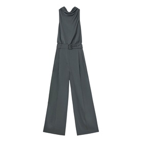Reiss dark grey sleeveless wide-leg jumpsuit with draped neckline and self-belt waist detail