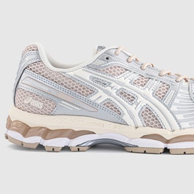 ASICS Gel-Kayano 14 trainer in cream and silver mesh with tan rubber outsole, white overlays and rose gold accents