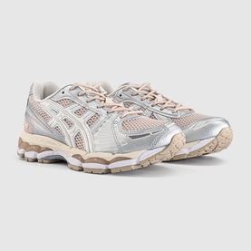 ASICS GEL-Nimbus trainers in silver and blush pink with mesh upper, metallic overlays, and beige chunky sole