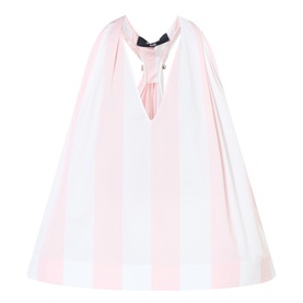 Jacquemus shirt in light pink and white wide stripe cotton, V-neckline with navy bow tie detail, sleeveless trapeze silhouette