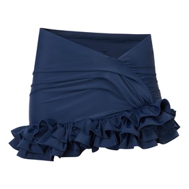 Jacquemus navy mini skirt with crossover waistband, ruched body, and tiered ruffle hem detail in stretch fabric.