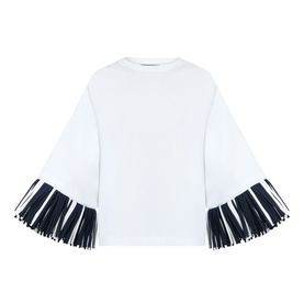 Jacquemus white cotton T-shirt with black fringe trim on wide flared sleeves, crew neck, relaxed fit