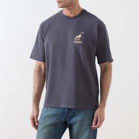 Model wearing Levi's crew neck T-shirt in periscope grey with small chest graphic print, styled with blue denim jeans.