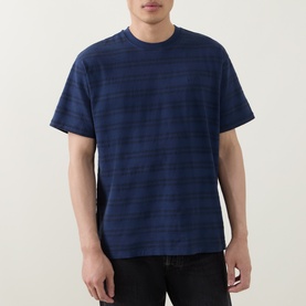 Model wearing Levis Crew Neck T in Grady Chevron Stripe Dress Blues, 100% cotton, styled with dark jeans.