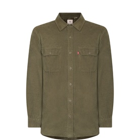 Levis Jackson Worker Corduroy Shirt in Olive Night, point collar, long sleeves, twin chest pockets with button flaps, curved hem