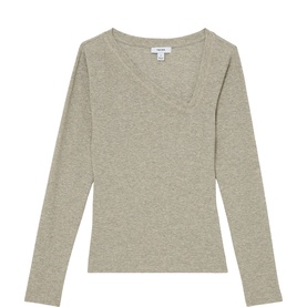 Reiss gold long-sleeve V-neck top in ribbed fabric, fitted silhouette, long sleeves