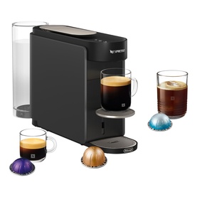 Delonghi Nespresso Vertuo Up Pod Coffee Machine in grey, shown with coffee pods and espresso and iced coffee serving suggestions