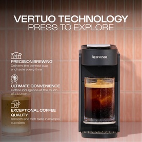 Delonghi Nespresso Vertuo Up Pod Coffee Machine in grey, dispensing iced coffee, with Vertuo Technology feature highlights