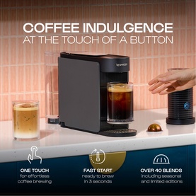 Delonghi Nespresso Vertuo Up Pod Coffee Machine in grey with milk frother, glass of iced coffee, and feature callouts shown