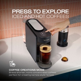 Delonghi Nespresso Vertuo Up Pod Coffee Machine in grey with milk frother, brewing iced coffee, text overlay promoting Coffee Creations Mode