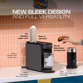 Delonghi Nespresso Vertuo Up Pod Coffee Machine in grey with rotating water tank, shown alongside Aeroccino milk frother and a hand holding a coffee