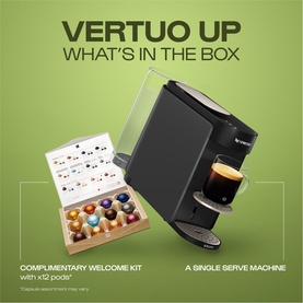 Delonghi Nespresso Vertuo Up Pod Coffee Machine in grey, shown with complimentary welcome kit including 12 coffee pods