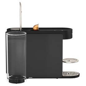 Delonghi Nespresso Vertuo Up Pod Coffee Machine in grey, side view, with transparent water tank and gold capsule slot