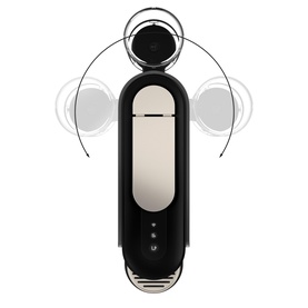 Delonghi Nespresso Vertuo Up Pod Coffee Machine in grey, shown with rotating capsule mechanism diagram and side brewing arms
