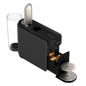 Delonghi Nespresso Vertuo Up Pod Coffee Machine in grey, shown with capsule drawer open revealing gold pods and water tank