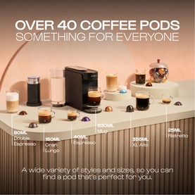 Delonghi Nespresso Vertuo Up Pod Coffee Machine in grey with milk frother, surrounded by coffee pods in various sizes from 25ml to 230ml.