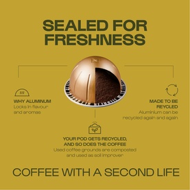 Nespresso Vertuo aluminium coffee pod infographic highlighting recyclability, freshness sealing, and coffee grounds composting benefits.