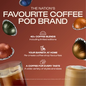 Nespresso Vertuo coffee pod brand promotional graphic showing assorted coloured pods and a glass of iced coffee on a dark red background.