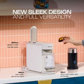 Delonghi Nespresso Vertuo Up Pod Coffee Machine in white with milk frother, shown with dimension annotations on a kitchen counter.