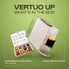 Delonghi Nespresso Vertuo Up Pod Coffee Machine in white with complimentary welcome kit including x12 pods shown alongside