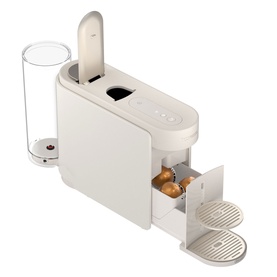 Delonghi Nespresso Vertuo Up Pod Coffee Machine in white, shown with open pod drawer containing capsules and water tank attached