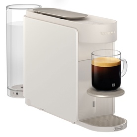 Delonghi Nespresso Vertuo Up Pod Coffee Machine in white, shown with water tank and filled coffee cup