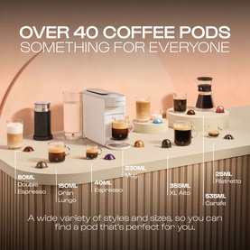 Delonghi Nespresso Vertuo Up Pod Coffee Machine in white, shown with range of Vertuo coffee pods in various sizes from Ristretto to XL Alto