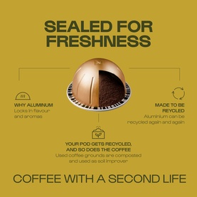 Nespresso Vertuo aluminium coffee pod infographic highlighting sealed freshness, recyclability, and composting benefits on gold background.