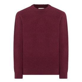 Nudie Jeans August Rib Sweater in burgundy, ribbed wool knit with crew neckline, long sleeves, and ribbed trims