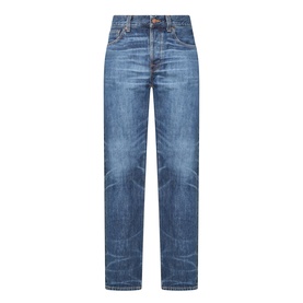 Nudie Jeans Rad Rufus Straight-Leg Jeans in Blue Twisted Tracks, mid-rise, five-pocket styling, tobacco stitching, mid wash rigid denim