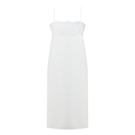 Posse cream linen-cotton blend midi slip dress with spaghetti straps and ruched bandeau neckline
