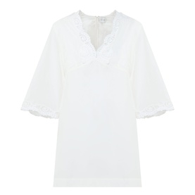 Posse cream cotton-silk mini dress with V-neckline, broderie anglaise trim, and flared three-quarter-length sleeves