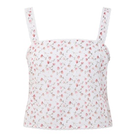 Posse top in Watercolour Floral, white cotton with pink floral print, square neckline and wide broderie straps