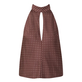 Posse Phoebe Polka Dot Blouse in Choc Vanilla, sleeveless with stand collar, scarf neck detail with fringe, and keyhole front cutout