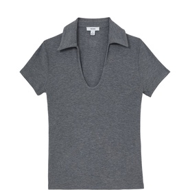 Reiss grey marl short-sleeve polo top with open V-neckline and ribbed collar, lightweight knit fabric