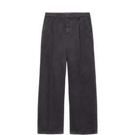 All Saints wide-leg trousers in anthracite black, featuring front pleats and a relaxed fit with button fly detail