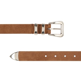 Brunello Cucinelli bronze suede calfskin belt with silver-tone buckle and double keeper loop, pointed tip detail.